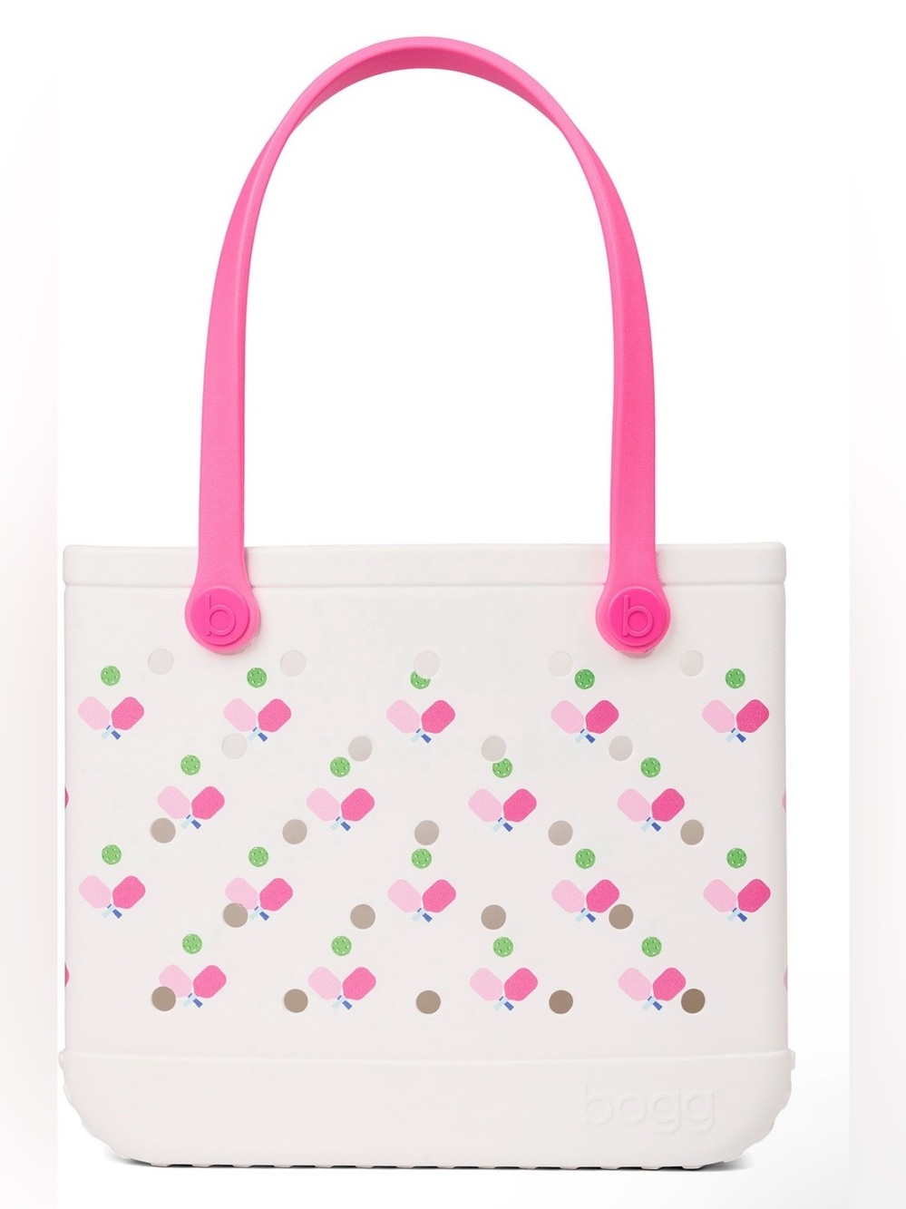BOGG BAG White Tote with Bright Pink Handles and Pink Floral Dots